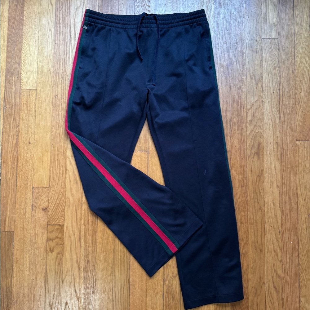 GUCCI NAVY WEB STRIPE STRAIGHT LEG PANTS